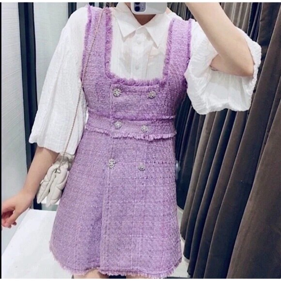 NWT ZARA Pastel Rococo Purple Lilac Tweed Button Mini Dress BLOGGER FAVORITE S - Picture 4 of 11